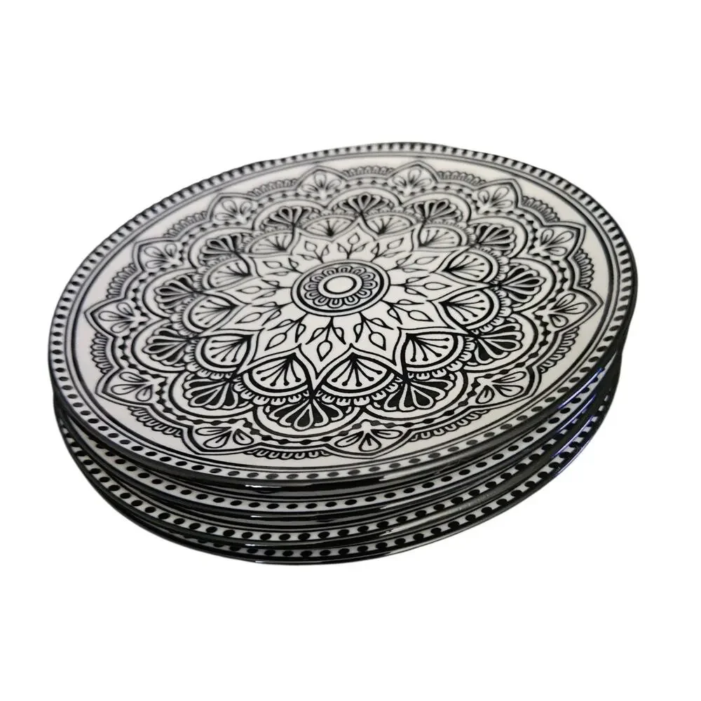 Royal Norfolk Black White Mandala Floral Salad Plates Set of 4